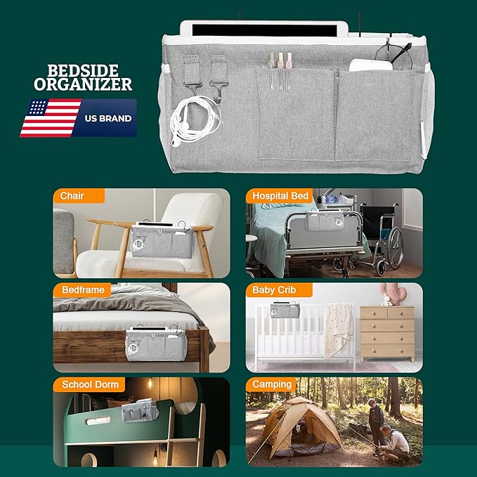ADVANCELLPRO Bedside Caddy Organizer Hanging Storage Bag with Pockets for Books, Magazines, Phone, Tablet & Water Bottle – Bedside Storage for Dorm, Bunk Beds, Hospital Beds & Cribs,Grey
