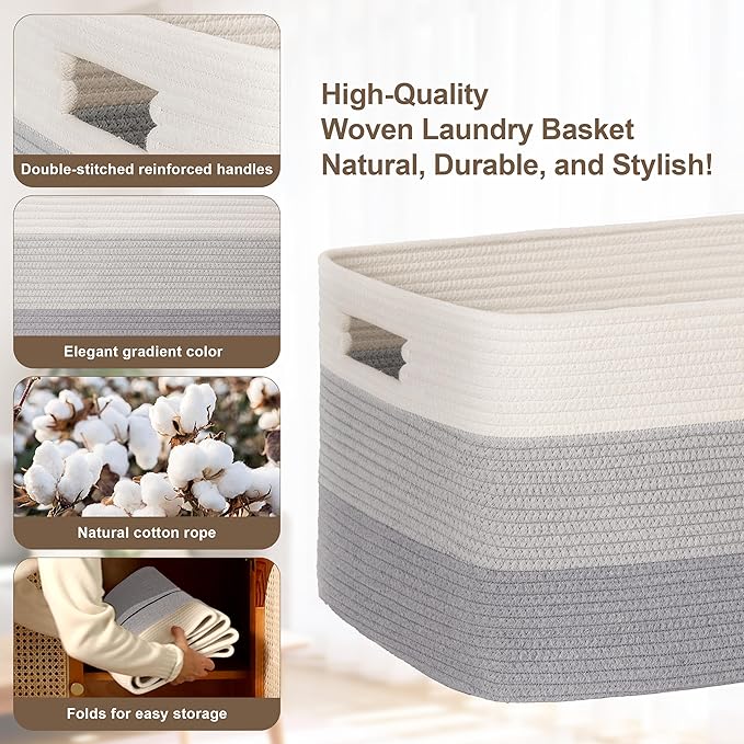 86L Extra Large Laundry Basket with Leather Handles for Living Room Storage, Woven Rope Baskets for Blanket, Kids Toy, Gifts, Wicker Hamper for Bedroom Dirty Clothes, 24"x16"x14" Gradient Grey