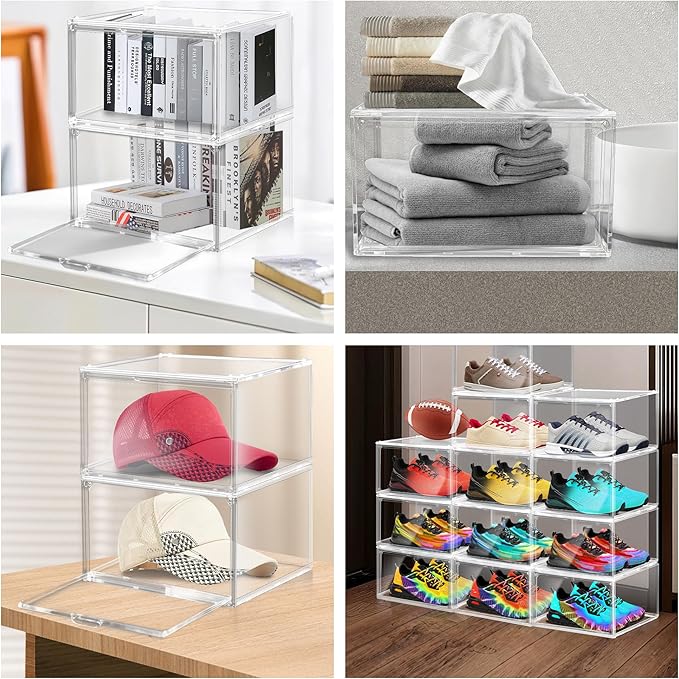 1 Pack Plastic Shoe Storage Boxes Fit US Size 13, Clear Stackable Shoe Display Case with Acrylic Magnetic Side Door, Shoe Containers for Sneaker Storage, Hats, Figure, Collectible, Book, Clothes