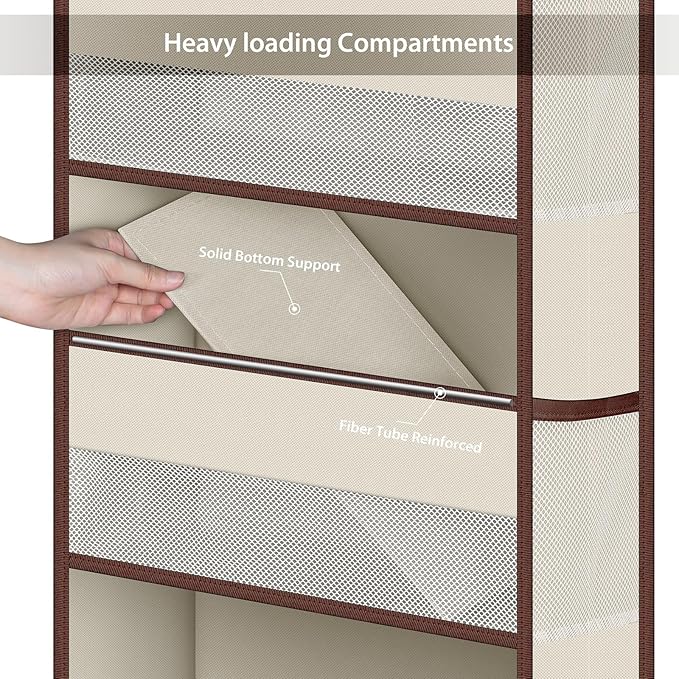 Univivi 1 Pack Over The Door Organizer, Non-Tilting Over The Door Organizer Hanging Door Storage With 5 Large Compartments 6 Side Pockets for Nursery Storage (Beige)