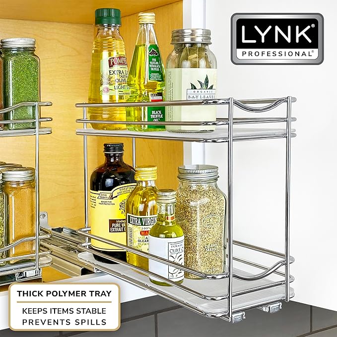 LYNK PROFESSIONAL® Pull Out Spice Rack Organizer for Inside Kitchen Cabinets - 4-3/8 inch Wide - Slide Out Drawer – Chrome Sliding Spice Organization for cabinet - Spice Racks - 2 Tier