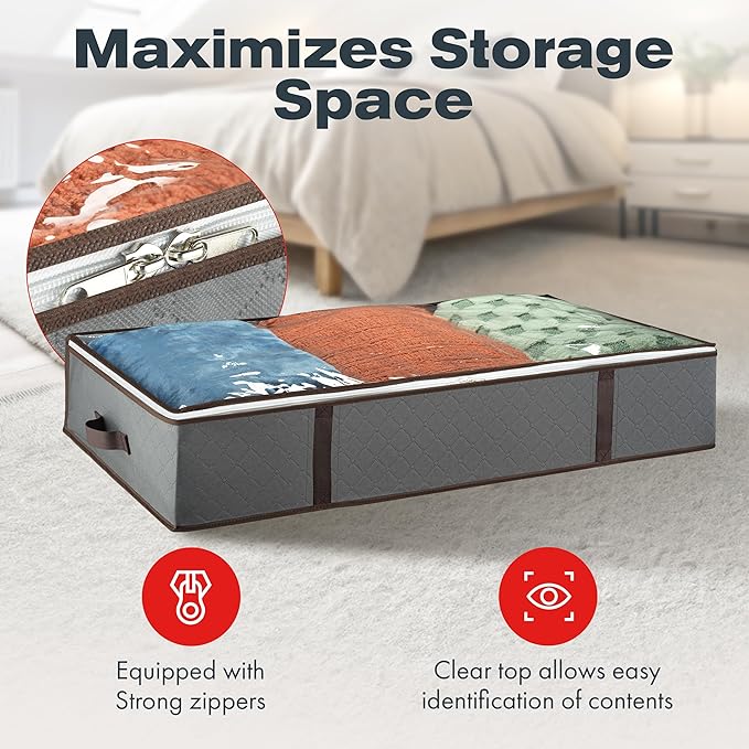 Underbed Storage Bags 4-Pack - Foldable Under Bed Storage Organizer for Clothes, Bedroom Blankets, Comforter, Pillows, Linen Sheets, Towels, Sweaters, Shoe Drawers - Ideal for College Dorms (Grey)
