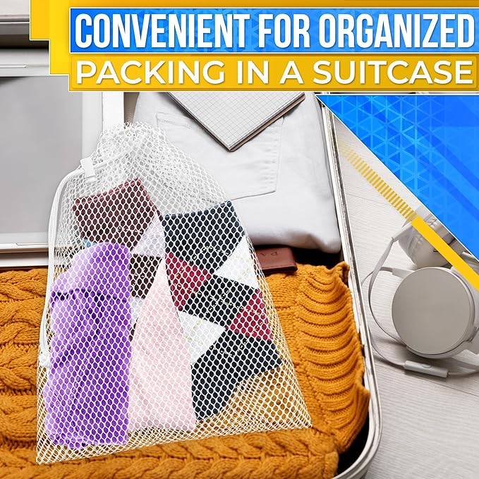 5 PCs Mesh Laundry Bags Drawstring – Small Mesh Bag White 11.8 x 7.48" – Multipurpose Nylon Net Bags with Tight Closure for Storing Balls, Clothes, Sports Gear at Gym, Beach, Laundry, & Travel Use