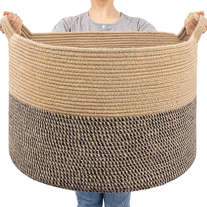 Goodpick Extra Large Wicker Storage Basket, 83L Woven Blanket Storage for Living Room, Round Baby Basket for Clothes, Big Laundry Hamper for Pillow, 21.7 x 13.8 inches