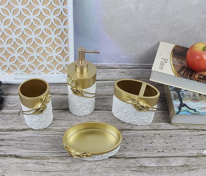 Hymmah Bathroom Accessories Set,Golden Design Toothbrush Holder,Farmhouse Bathroom Decor,4 Pcs Resin Gift Set Apartment Necessities, Contain Toothbrush Cup,Soap Dispenser,Soap Dish,Tumbler
