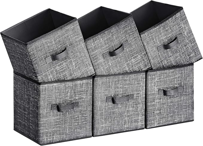 SONGMICS Storage Cubes, 11-Inch Non-Woven Fabric Bins with Double Handles, Set of 6, Closet Organizers for Shelves, Foldable, for Clothes, Classic Black UROB026B01