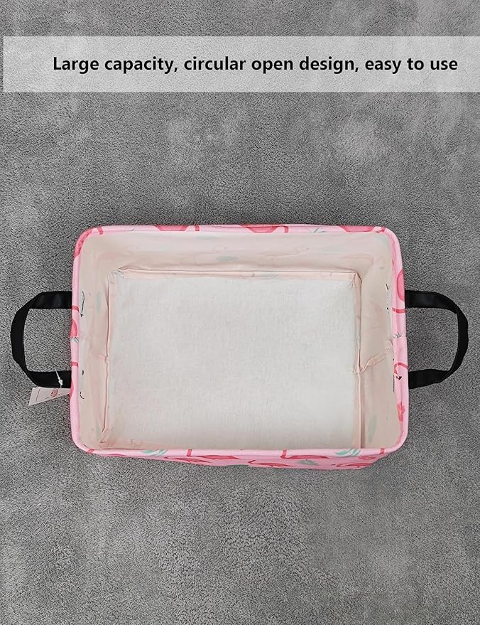 QUEENLALA Rectangular Laundry Hamper/Foldable Nursery Laundry Basket for Organizing/Storage Bin Baskets/Children Toy Office Bedroom/Toy Bin Closet Shelf Baskets（Rec-Pink Flamingo）