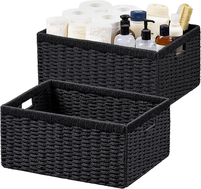 UBBCARE 2 Pack Wicker Basket, 16.5L×13H×7.5W inch Woven Paper Rope Storage Baskets for shelves, Foldable Rectangular Storage Baskets with Handle, Storage Basket for Organizing, Black