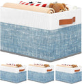 Fab totes Collapsible Storage Baskets for Shelves,14"x10", 4 Pack Foldable Fabric Storage Bins with Double Leather Handles, Large Baskets for Organizing Books, Clothes, White & Blue