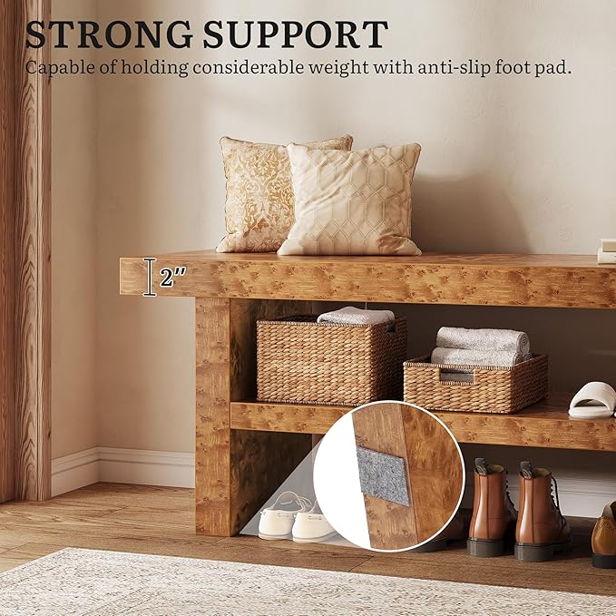 DWVO 39.4" Entryway Bench with Motion-Sensing Warm LED Light, 2-Tier Rustic Thick Wood Shoe Storage Bench for Hallway Bedroom Dressing Room or End of Bed, Burl Wood Finish