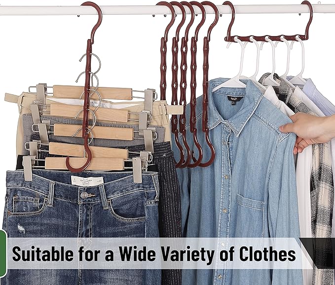 Mr. Pen- Space Saving Hangers for Clothes, 12 pcs, Mahogany Color, Plastic Multi Clothes Hangers Space Saving, 5 Slots, 360° Rotating Hooks