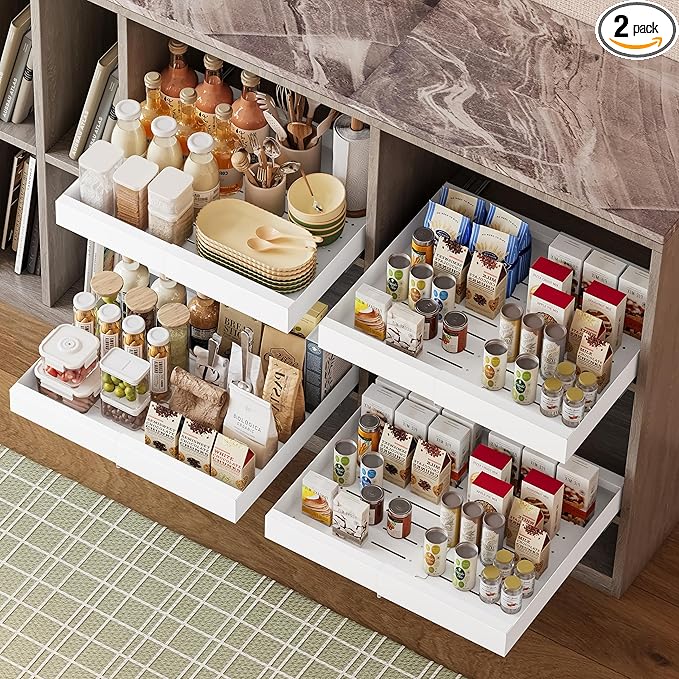 2-Pack Pull-Out Cabinet Organizer with Expandable - Spice Rack Organizer for Cabinet & Slide-Out Drawers for Kitchen Cabinets，Adjustable Width 11.8"-19.7" White