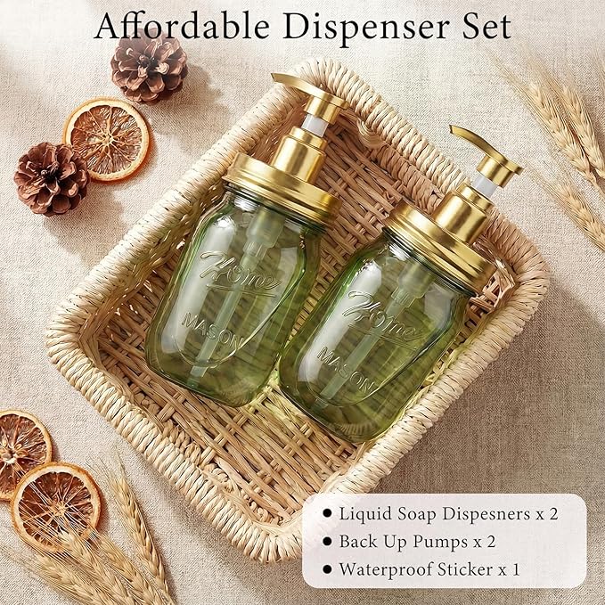 Amolliar Plastic Mason Jar Soap Dispenser with Pump Lid,16OZ Refillable Hand Soap Dispenser Set with Cute Lables - Farmhouse Decor for Kitchen Bathroom, Liquid Soap, Dish Soap, Lotion (2 Pack, Green)