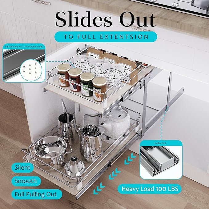 2 Tier Pull Out Cabinet Organizer 20" W X 22" D, Slide Out Drawers For Kitchen Cabinets, Pull Out Drawers For Cabinets Capacity Heavy Duty Caddy, Cabinet Pullout Shelves Wood Chrome, Pantry Storage