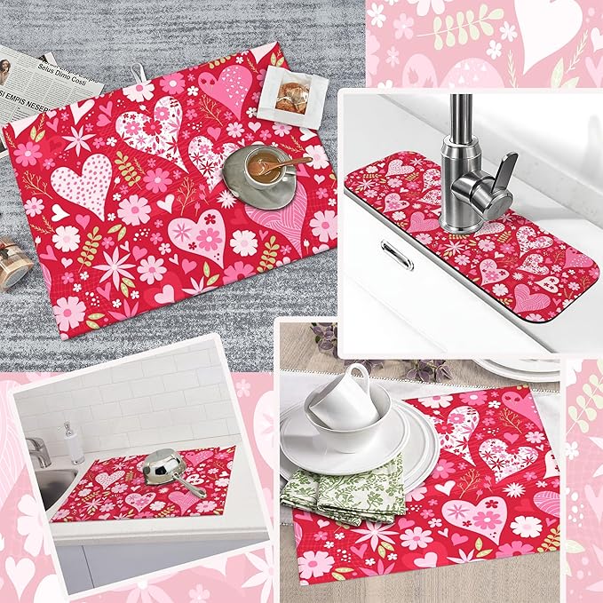 Set of 3 Floral Heart Dish Drying Mat & Kitchen Sink Splash Guard Faucet Mat For Kitchen Counter Absorbent Microfiber Dishes Pad Dish Drainer Rack Mats Fast Dry Kitchen Accessories