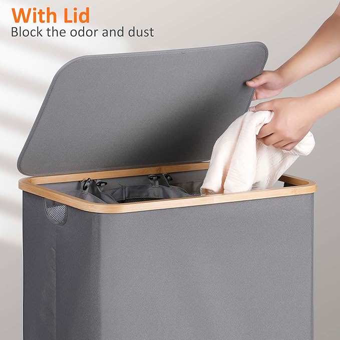 efluky Laundry Hamper with Lid, Trio Laundry Hamper with 3 Removable Bags, 3 Section Laundry Basket with Bamboo Handles for Bathroom, Bedroom & Laundry Room, 160L Silver Grey