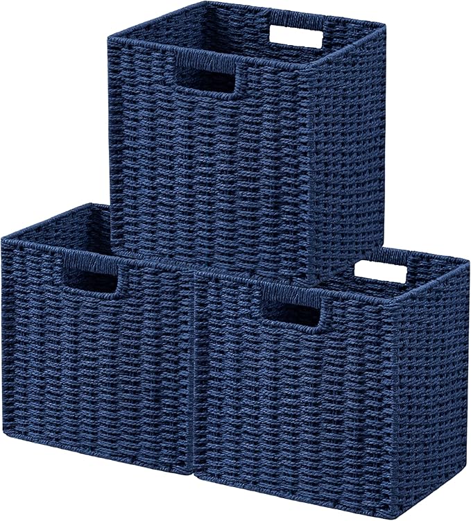 UBBCARE 3 Pack Wicker Basket, 11L×11H×10.5W inch Woven Paper Rope Storage Baskets for shelves, Foldable Cube Storage bin with Handle, Storage Basket for Organizing & Decor, Navy Blue