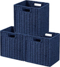 UBBCARE 3 Pack Wicker Basket, 11L×11H×10.5W inch Woven Paper Rope Storage Baskets for shelves, Foldable Cube Storage bin with Handle, Storage Basket for Organizing & Decor, Navy Blue