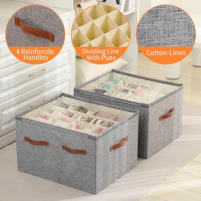 Shoe Organizer for Closet, Foldable Large Shoe Storage Bins with Clear Cover, Removable Partitions and Bottom are Supported by Plastic Boards (Grey, 20.5“Lx16.9 Wx13'H)