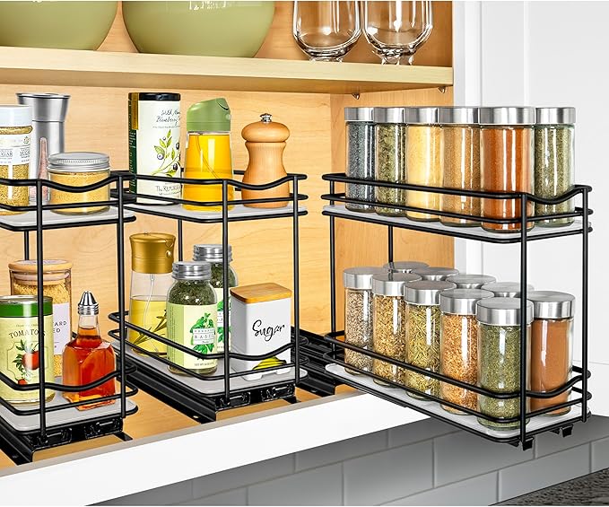 LYNK PROFESSIONAL® Pull Out Spice Rack Organizer for Inside Kitchen Cabinets - 4-3/8 inch Wide - Slide Out Drawer – Black Sliding Spice Organization for cabinet - Spice Racks - 2 Tier