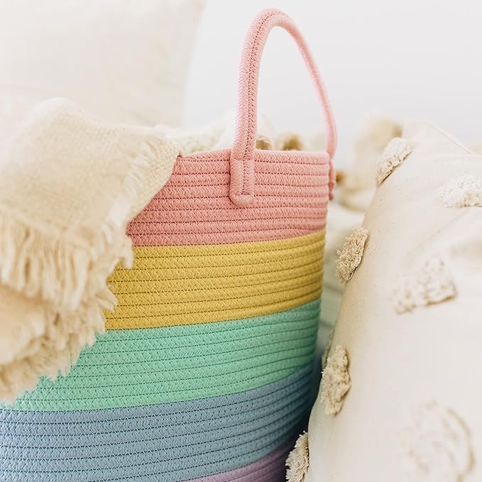 OrganiHaus Rainbow Blanket Basket for Classroom & Nursery, Extra Large Woven Laundry Basket W/Handles, Kids Toy Organizer & Storage, Soft Round Dog Toy Storage Bin, Cute Bin - 20"x13" in