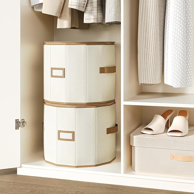 Vailando Shoe Organizer for Closet - Cylindrical Shoe Storage Organizer with Adjustable Dividers for Closet, Foldable Shoe Storage Box, Beige, 2-Pack, Large
