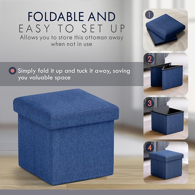 Ornavo Home Small Storage Ottoman Foldable Collapsible Cube Square Linen Ottoman Foot Rest Stool Seat, for Living Room, Bedroom, Home Office, Dorm - 12 x 12 x 12, Navy Blue