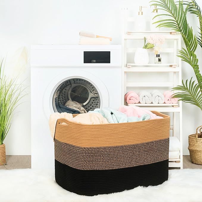 MINTWOOD Design 112L Extra Large Blanket Basket Holder Living Room, 25"x17"x16" Rectangle Rope Woven Storage Basket with Handles for Laundry, Pool Towels, Shoes, Dog Toy Organizer Bin Box, Black Jute