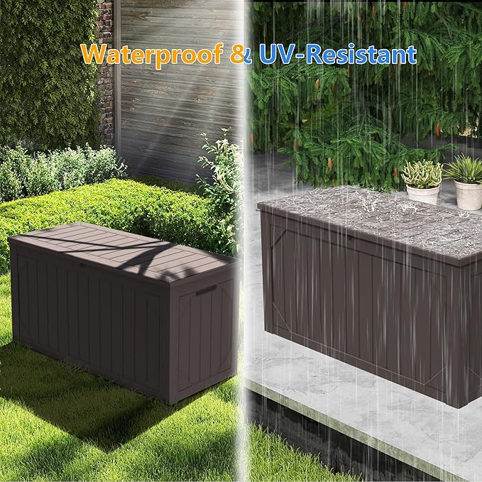 Outdoor Storage Box Waterproof, 100 Gallon Lockable Resin Deck Box Patio Storage Bin for Pool Accessories Cushion Furniture, Garden Tools, UV-Resistant Outside Delivery, Brown
