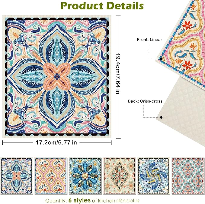 6 Packs Swedish Paper Cloths for Kitchen, Reusable Paper Towels Washable Dish Rags, Highly Absorbent Kitchen Towels Quick Drying Swedish Sponge Cleaning Dish Cloths (Floral Ornamentation)