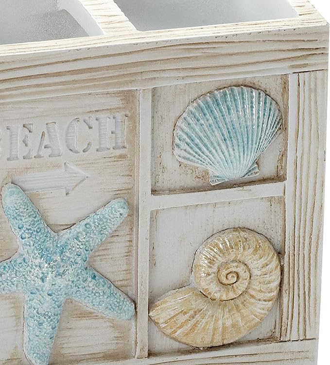 Zenna Home Seaside Serenity Bathroom Toothbrush Holder with Carved Resin Design, Holds Up to 4 Brushes, Electric Toothbrush Holder for Bathroom Decor with Hand-Painted Shells, Teal/Ivory