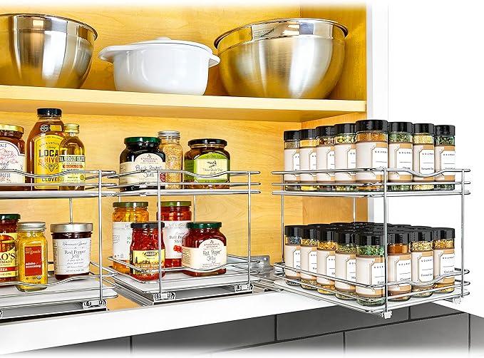 LYNK PROFESSIONAL® Pull Out Spice Rack Organizer for Inside Kitchen Cabinets - 8-3/8 inch Wide - Slide Out Drawer – Chrome Sliding Spice Organization for cabinet - Spice Racks - 2 Tier