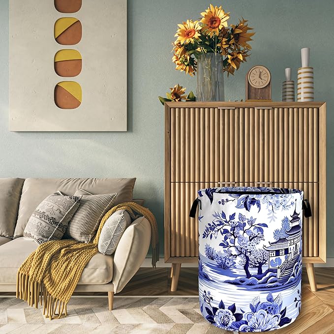 Blue White Porcelain Laundry Basket Chinoiserie Funny Laundry Hamper Foldable Oxford Cloth Colorful Tote Bag Clothes Toy Storage Bucket 18.9"x16.5" For Bathroom/Laundry Storage/Bedroom