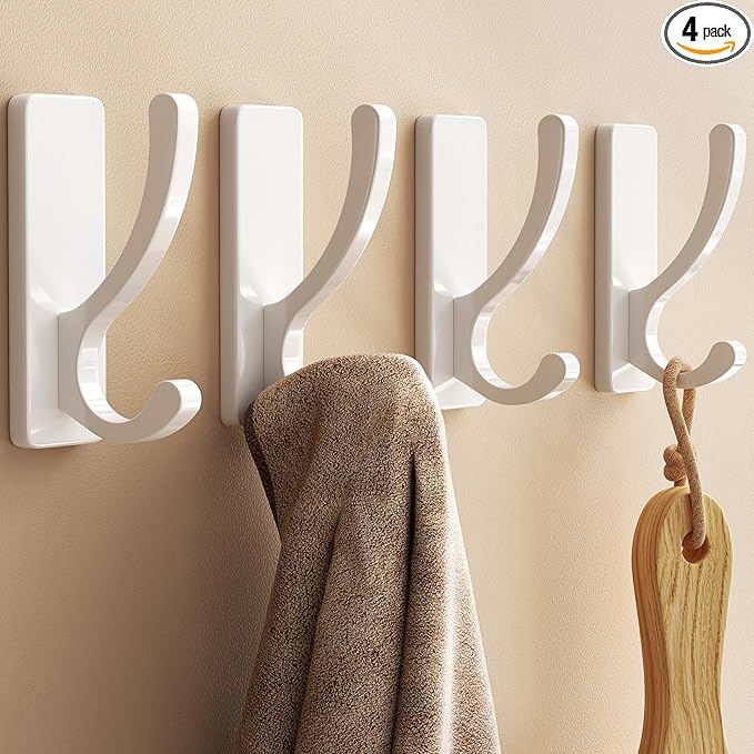 pickpiff Adhesive Wall Hooks for Towels - Sticky Hook Hanging Heavy Duty (13lb), Hanger for Door, Bathroom, Dorm, Closet - for Coats, Purse, Bag, Robe - No Damage to Wall - White 4 Pack