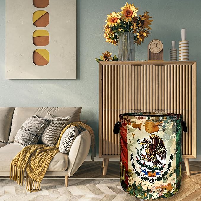 Mexican Flag Laundry Basket Retro Mexican Cactus Foldable Funny Laundry Hamper Oxford Cloth Colorful Tote Bag Clothe Toy Storage Bucket 18.9" x 16.5"For Bathroom/Laundry Storage/Bedroom
