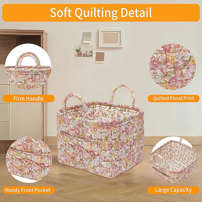 Quilted Fabric Storage Baskets with Handles, Boho Floral Gift Basket Foldable Organizer Bin for Home Decor, Picnic, Travel 12''x10''x10'' (Orange)