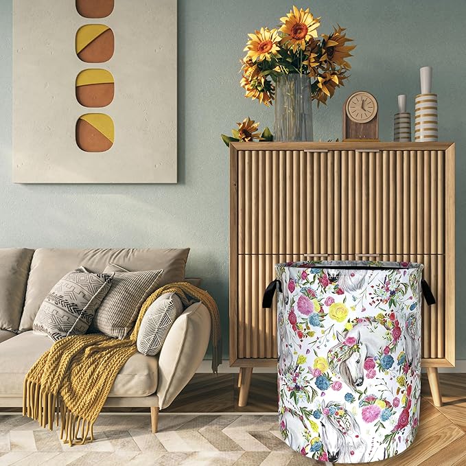 Beautiful Horse Laundry Basket Colorful Floral Animal Laundry Hamper Foldable Oxford Cloth Funny Tote Bag Clothes Toy Storage Bucket For Bathroom/Laundry Storage/Bedroom 18.9 x 16.5 Inch