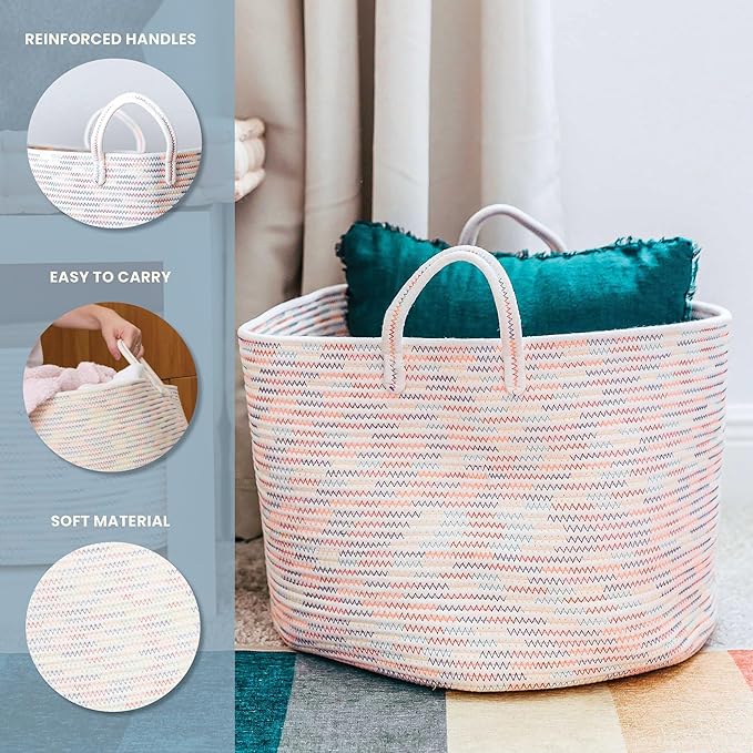 OrganiHaus Large Woven Storage Basket for Blankets and Toys 20" x 13" Inch, Rope Laundry Basket with Handles, Cushions & Pillows Storage Bin, Nursery Hamper, Soft Round Dog Toy Bin - Rainbow Stitches