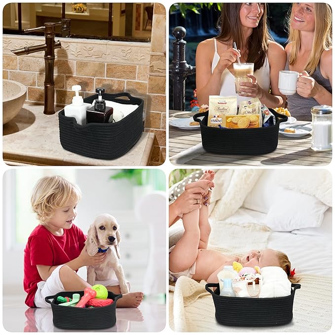 Woven Cotton Rope Storage Basket with Handles for Organizing Shelves Closet Small Cat Dog Pet Toy Basket Box Bin Decorative Rectangle Baby Nursery baskets Gift Baskets Empty Black