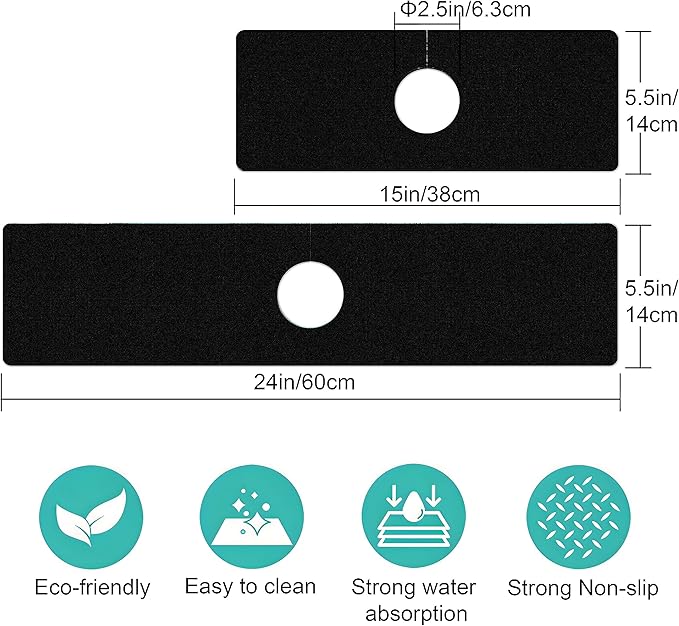 Kitchen Sink Splash Guard Faucet Mat -2 PC Super Absorbent Fast Drying Mat Sink Gadgets-Splash Guard Behind Faucet Drip Catcher for Kitchen(23.5" X 5.5" )