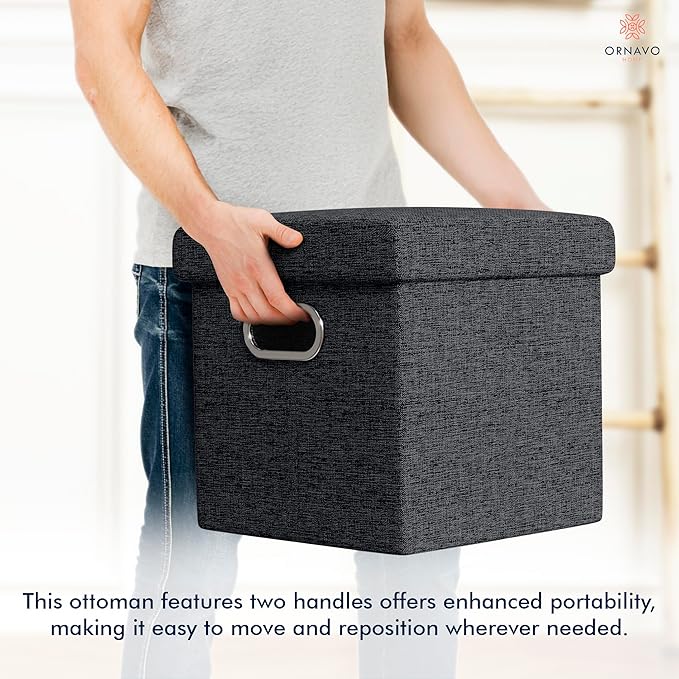 Ornavo Home 12 Inches Small Storage Ottoman with Handles, Foldable Collapsible Cube Square Linen Ottoman Foot Rest Stool Seat, for Living Room, Bedroom, Home Office, Dorm, Black