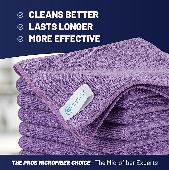 MW PRO Microfiber Cleaning Cloths Purple (12 Pack, 12x12) - Commercial Janitorial Towels & Lint Free Rags - Heavy Duty for Auto Detailing, Glass Windows, Housekeeping & Screens - Washable 300+ Times