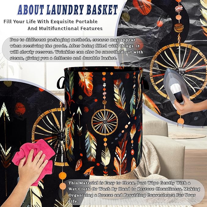 Boho Feather Printed Laundry Basket Foldable Oxford Cloth Colorful Laundry Hamper With Handle Portable Clothes Storage Organizer Basket 18.9 X 16.5 Inch Storage Bag For Laundry Room/Bathroom/Bedroom