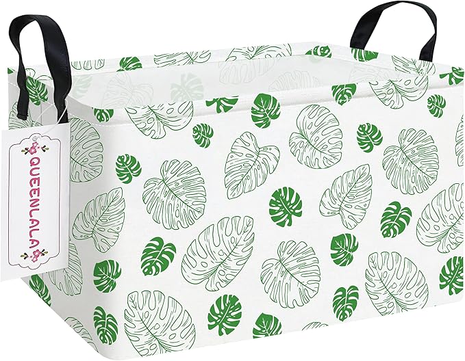 QUEENLALA Rectangular Laundry Hamper/Foldable Nursery Laundry Basket for Organizing/Storage Bin Baskets/Children Toy Office Bedroom/Toy Bin Closet Shelf Baskets (Rec-Green Leaf)