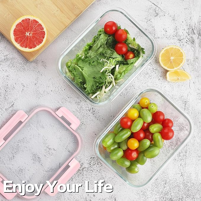 HOMBERKING 24pc Glass Food Storage Containers with Lids, Airtight Glass Bento Boxes, BPA Free & Leak Proof, Pantry Kitchen Storage (12 Lids & 12 Containers) - Pink