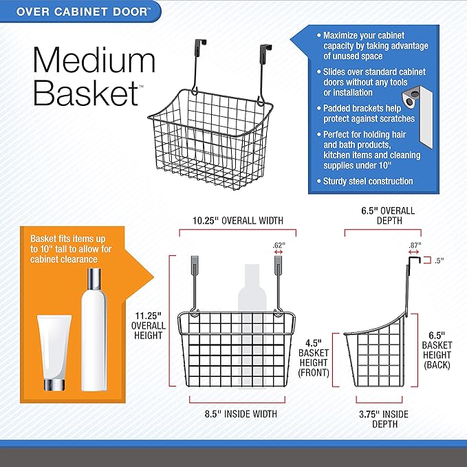 Spectrum Medium Cabinet Door Wire Basket Grid Over Cabinet Organizer Bronze, Hanging Over Cabinet Door Storage Organizer Basket for Kitchen and Bath Cleaning Supplies Washcloths Hand Towels