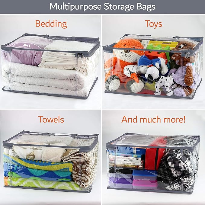 Clear Vinyl Zippered Storage Bags (3-Pack) 40L Sturdy Storage Bags for Sweaters, Blankets, Comforters, Bedding Sets and Much More! (Gray, 18x15x9)