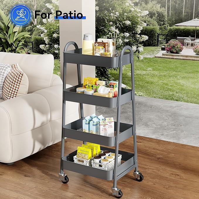 OLIXIS 4 Tier Utility Rolling Cart, Metal Mobile Storage Shelf with Lockable Caster Wheels, Organization for Livingroom, Bathroom & Narrow Places, 4-Tier Gray