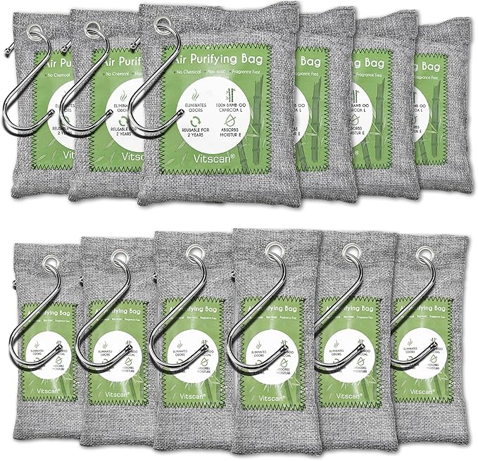12 Pack Bamboo Air Purifying Bag, Activated Charcoal Bags Odor Absorber, Moisture Absorber, Natural Car Air Freshener, Shoe Deodorizer, Odor Eliminators For Home, Pet, Closet (6x50g, 6x150g)