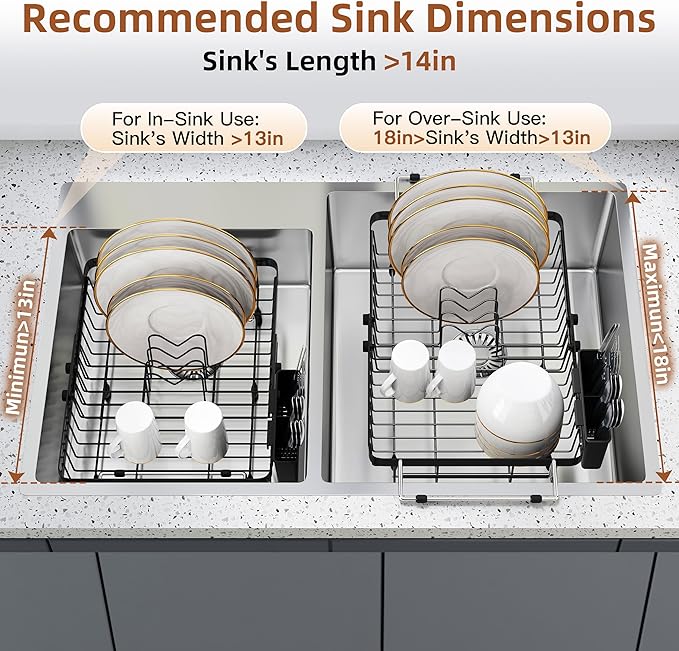 romision Expandable Dish Drying Rack Over The Sink Small Metal Stainless Steel Plate Holder for Compact Kitchen, Space Saving Modern Black Hanging Drainer